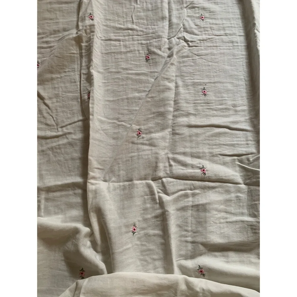 White Cotton Floral Embroidered Shower Curtain Pink Rosebud Cottagecore 70x75